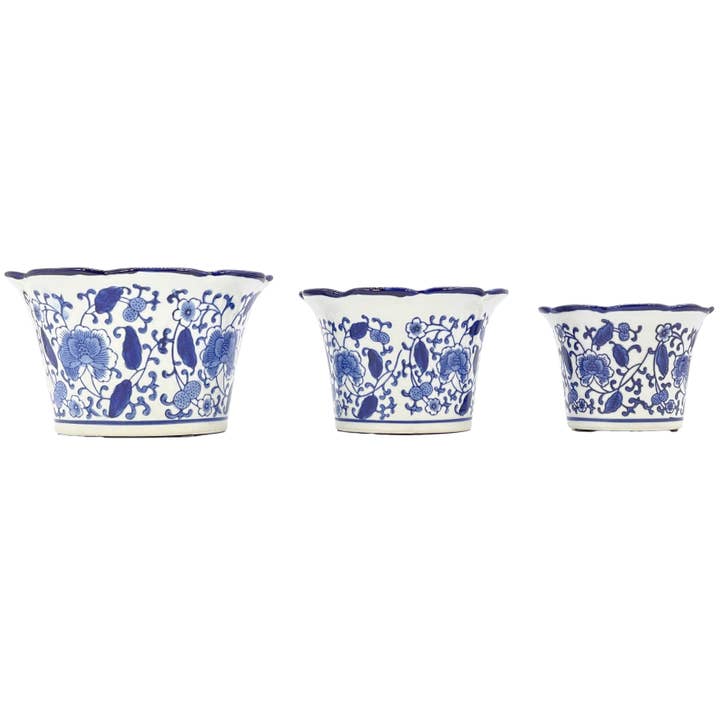 Galt International Company - Wholesale Plant Pot - Set of 3 Blue & White Floral Ceramic Pots Ruffled Lip Style211