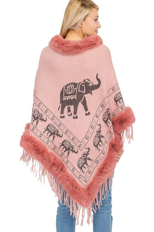 Cap Zone - Wholesale Poncho - Women's - Lucky Elephant Printed Fur Neckline Soft Cozy Poncho4