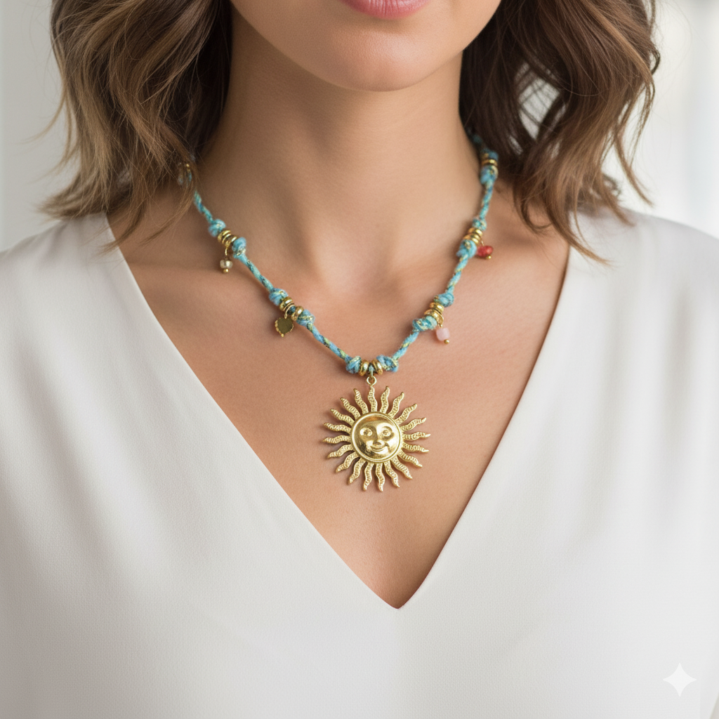 Daemon srls – Engroshandel Halskæde med vedhæng – SOLEA COLLANA - Rustfrit stål - Flettet halskæde med sol og ædelsten8