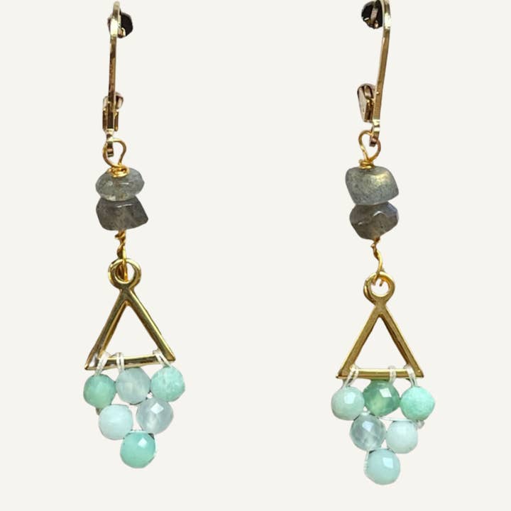 Gold triangle earrings with chrysoprase for wholesale by Silver Sparrow Jewelry
