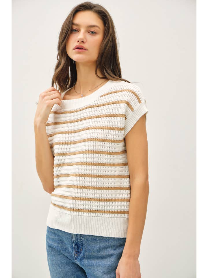 Be Cool - Wholesale Knit Top - Women's - STRIPED CROCHET KNIT CAP SLEEVE TOP