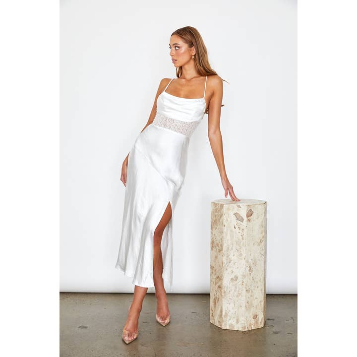 WHITE SATIN COWL FRONT SHEER LACE MIDI DRESS for wholesale on Faire