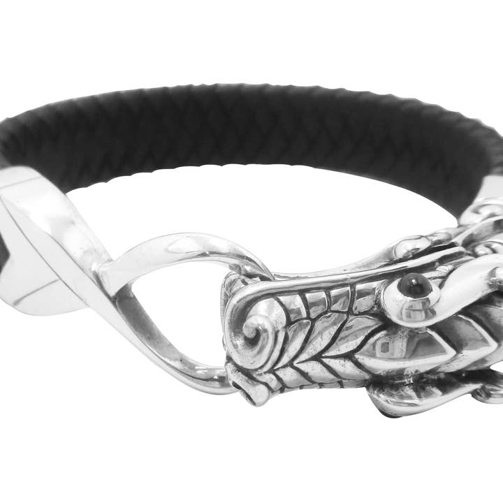 AB-1079-SP Leather Bracelet With Sapphire Eye – Sterling Silver Dragon Design for wholesale by Bali Designs