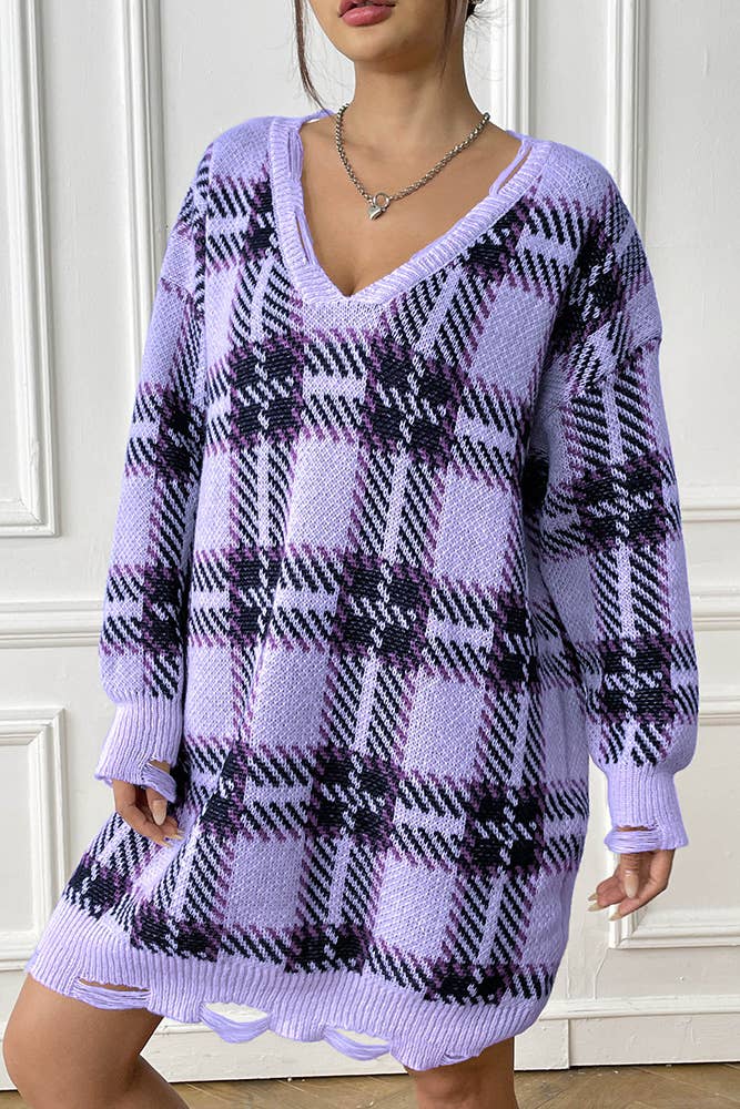 UNISHE – wholesale Dress – Women's – V Neck Plaid Knit Raw Edge One Size Sweater Dress OYM09613