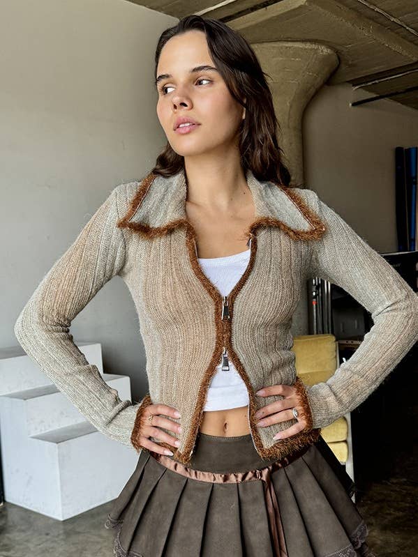 MULTI COLOR OMBRE ZIP UP KNIT SWEATER CARDIGAN for wholesale by FRECKLE LOS ANGELES