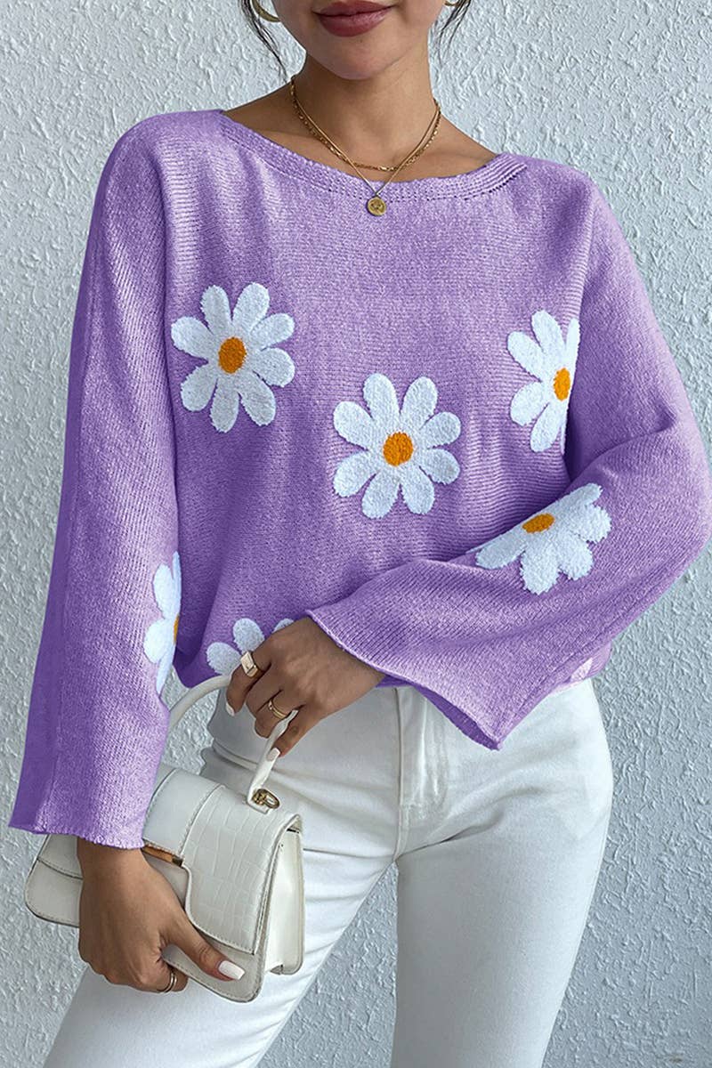 Lily Clothing - Wholesale Knit Sweater - Women's - Floral embroidery loose crew neck pullover sweater3