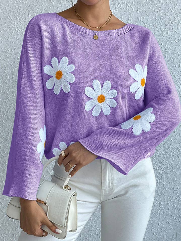 Lily Clothing - Wholesale Knit Sweater - Women's - Floral embroidery loose crew neck pullover sweater3