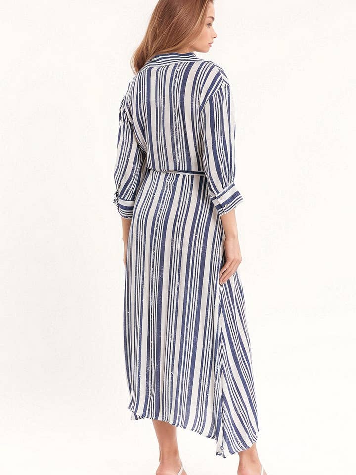 Striped Maxi Shirt Dress With 3/4 Sleeve and Belt in Blue an for wholesale on Faire