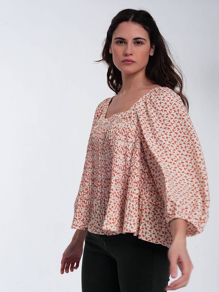 puff sleeve top with square neck in coral floral print for wholesale by Q2—All Orders:Free Duties for the US,UK,and Canada