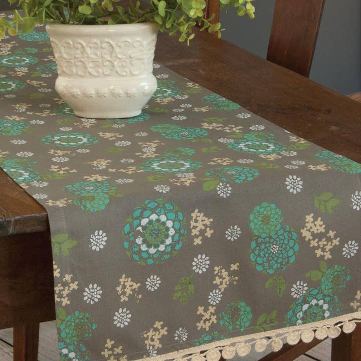 Zinnia 14x60 Gray Cotton Table Runner for wholesale by Heritage Lace