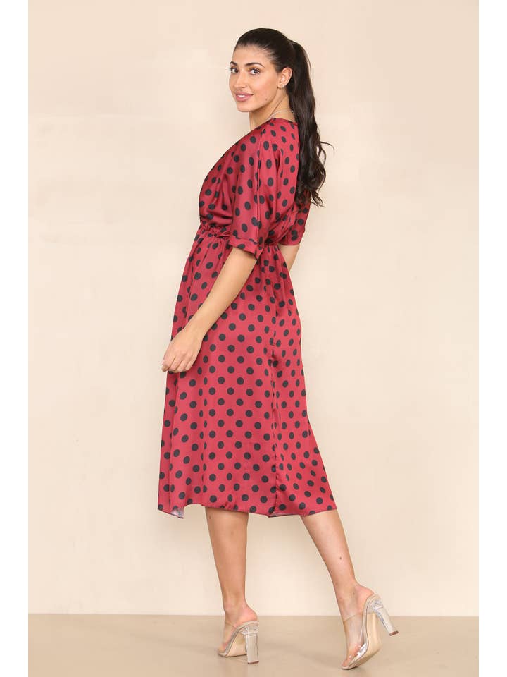 Kurt Muller - Wholesale Dress - Women's - Red Polka Dot Tie Waist Midi Dress