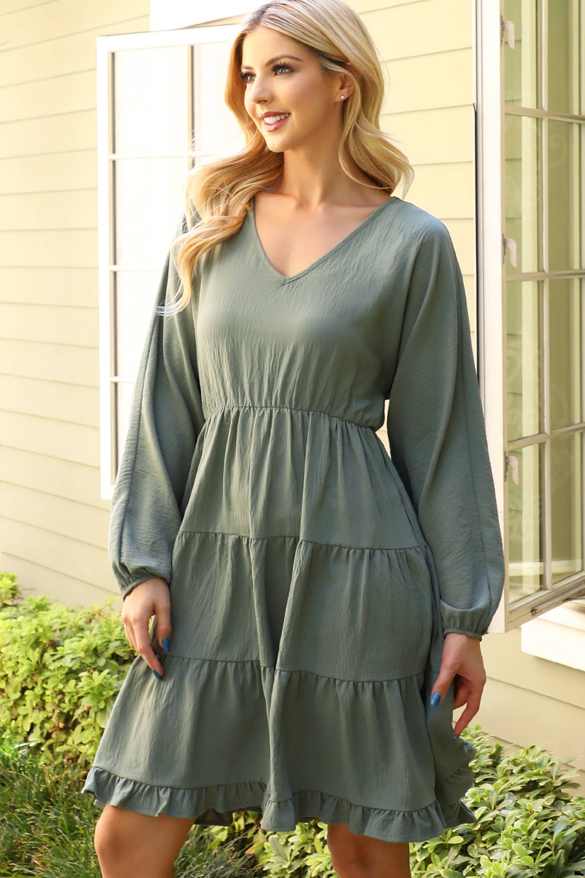 You & Me - Wholesale Dress - Women's - YMD10057V-WOVEN PUFF SLEEVE V-NECK ELASTIC WAIST TIERED5