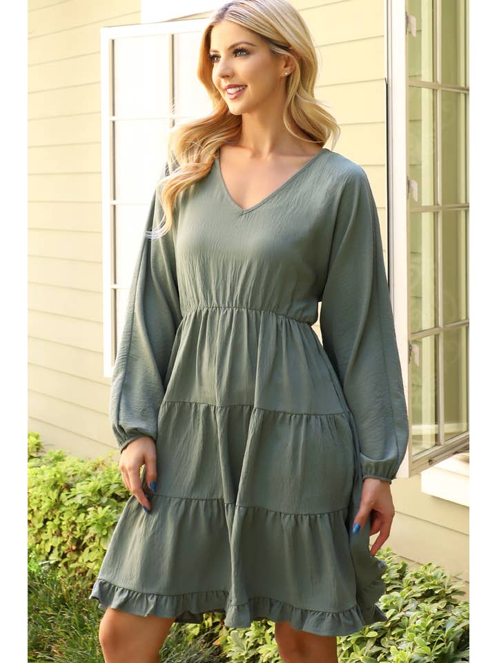 You & Me - Wholesale Dress - Women's - YMD10057V-WOVEN PUFF SLEEVE V-NECK ELASTIC WAIST TIERED5