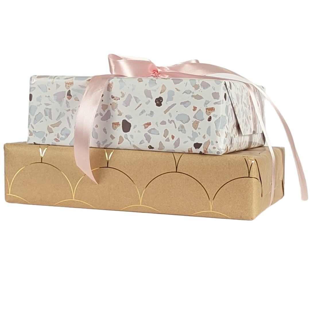 Ofelia & Co. – wholesale Wrapping paper roll – Kraft Wrapping Paper W/ Gold Foil Scallop Detail 24" W x 30'1