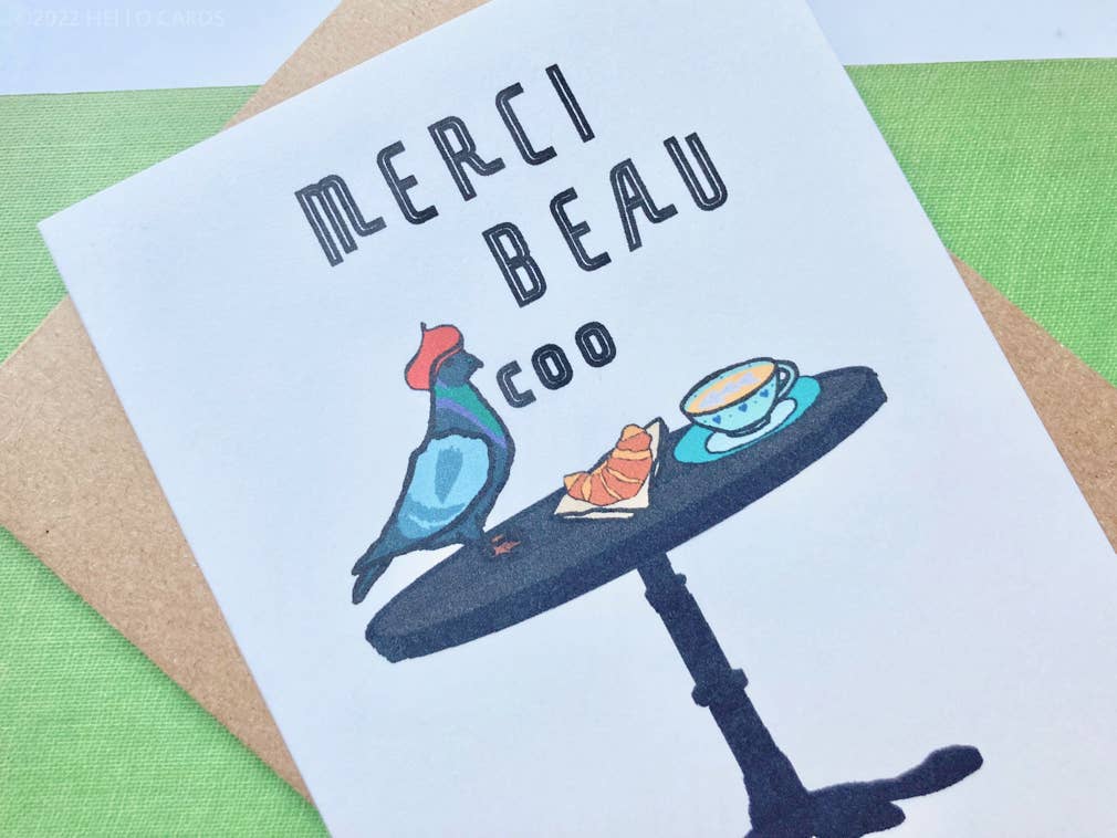 HEI LO CARDS - Wholesale Thank You Card - "Merci Beau Coo" Pigeon Thank You Card2
