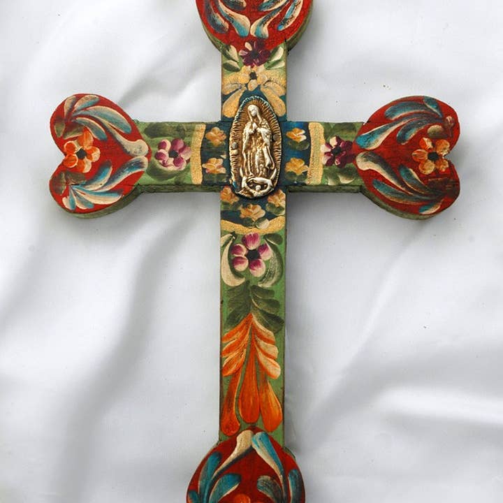 Contreras Designs - Vendita all'ingrosso Crocifissi - MXC9 - Croce da parete messicana a forma di cuore dipinta a mano
