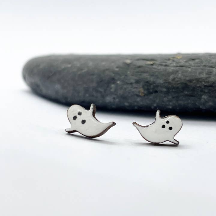 Hand-Painted Wooden Halloween Ghost Earrings for wholesale by the ticketyboo coo