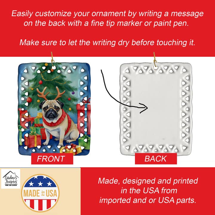 Caroline's Treasures – Ornamento por atacado – Pug Enfeite de Porcelana de Renas de Natal DAC78511