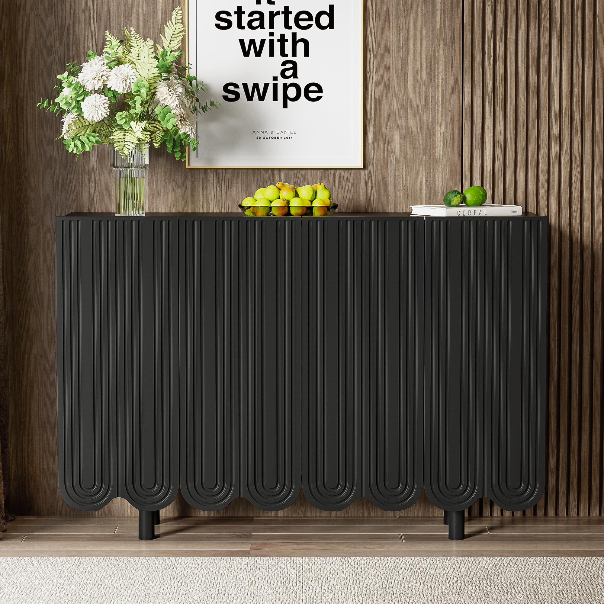Urban Meuble - Wholesale Sideboard - Black buffet with 4 doors, pattern, and storage 120*37.5*80.8 cm EVRENS BLACK10