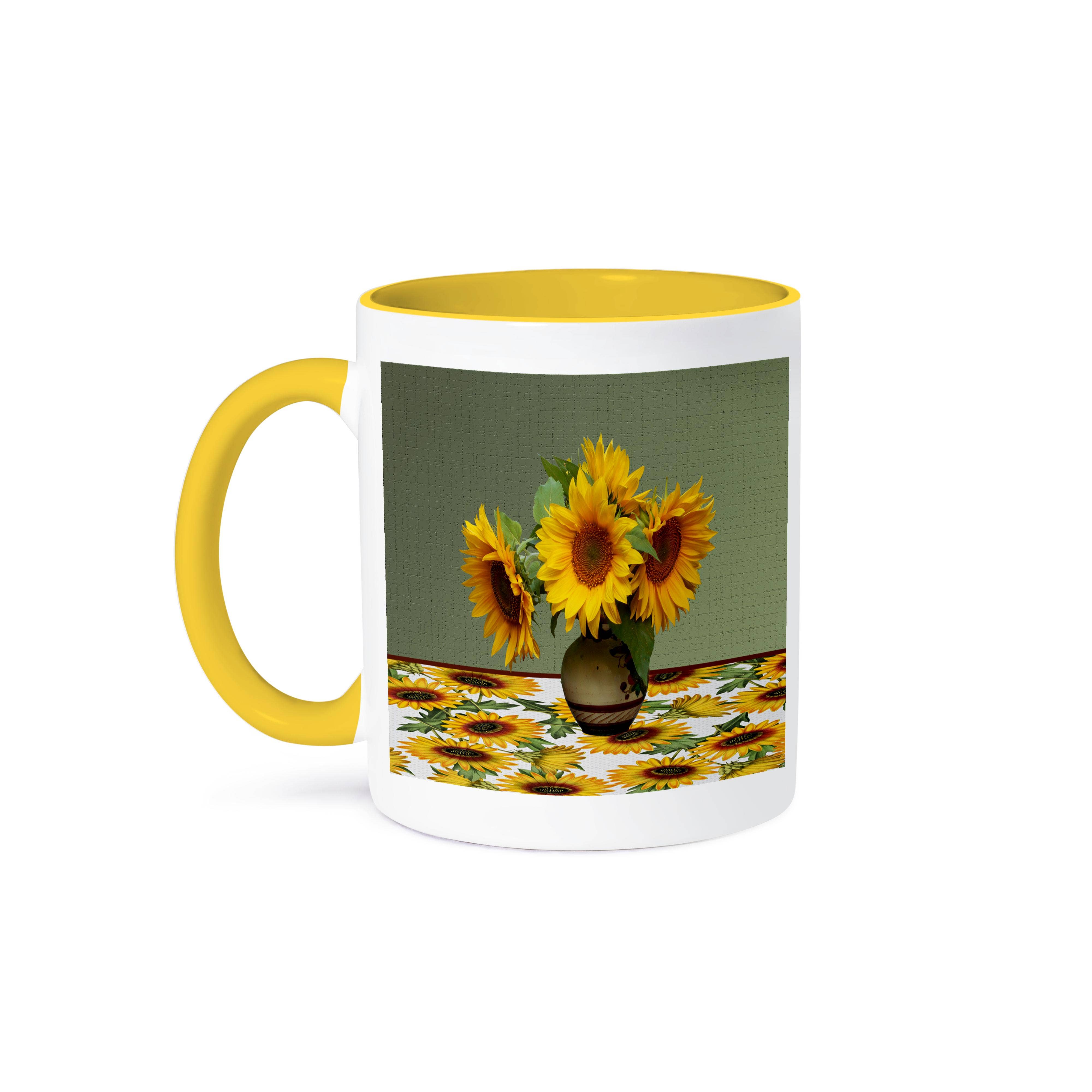 3dRose - Wholesale Coffee Mug - 3dRose, Image of Beautiful Vase of Sunflower on Sunflower Tablecloth, Mug0