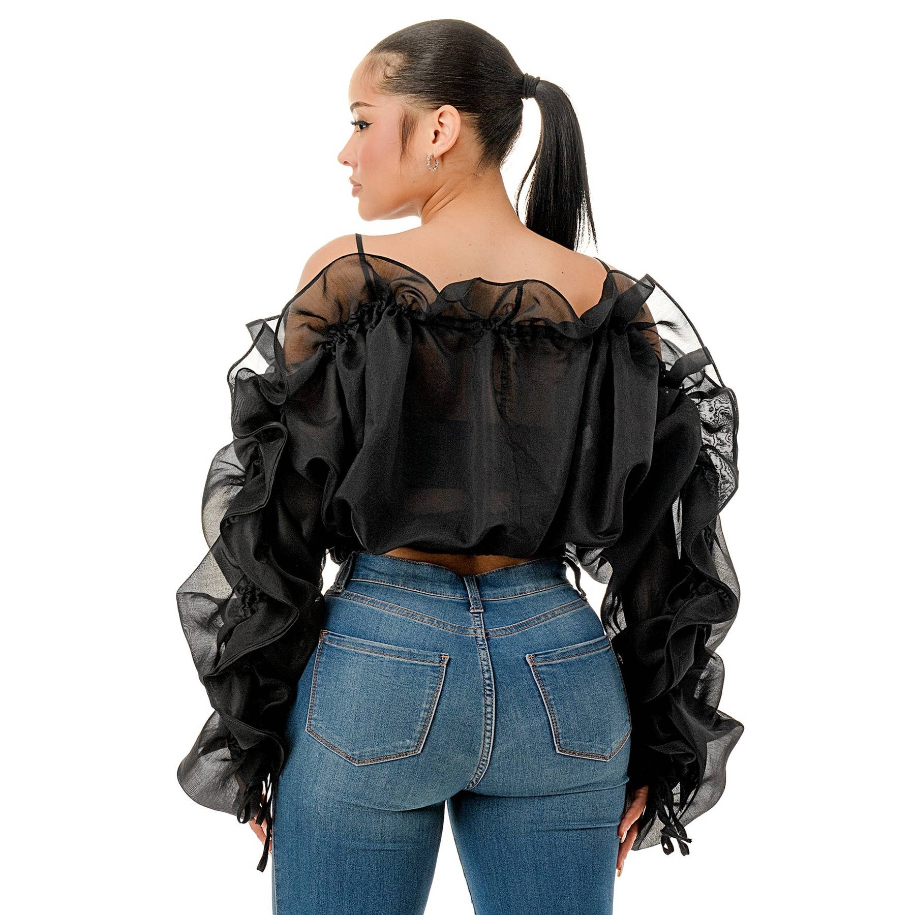 DORCAS - Wholesale Blouse - Women's - Plus Off the Shoulder Long Sleeve Ruffle Sheer Top2