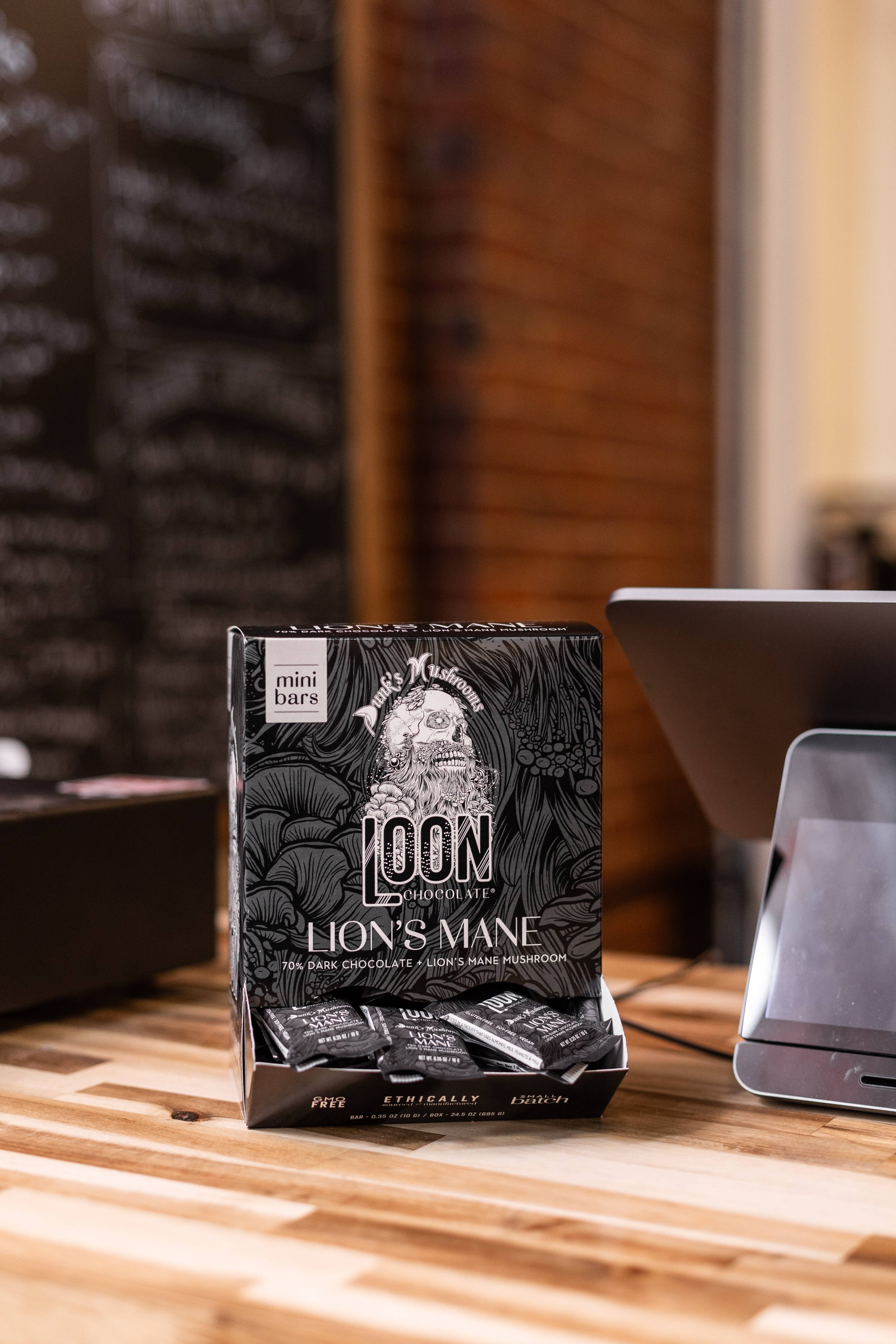 Loon Chocolate - Wholesale Chocolate Bar - Lion’s Mane Dark Chocolate Mini Bars (70-Count Display Box)3