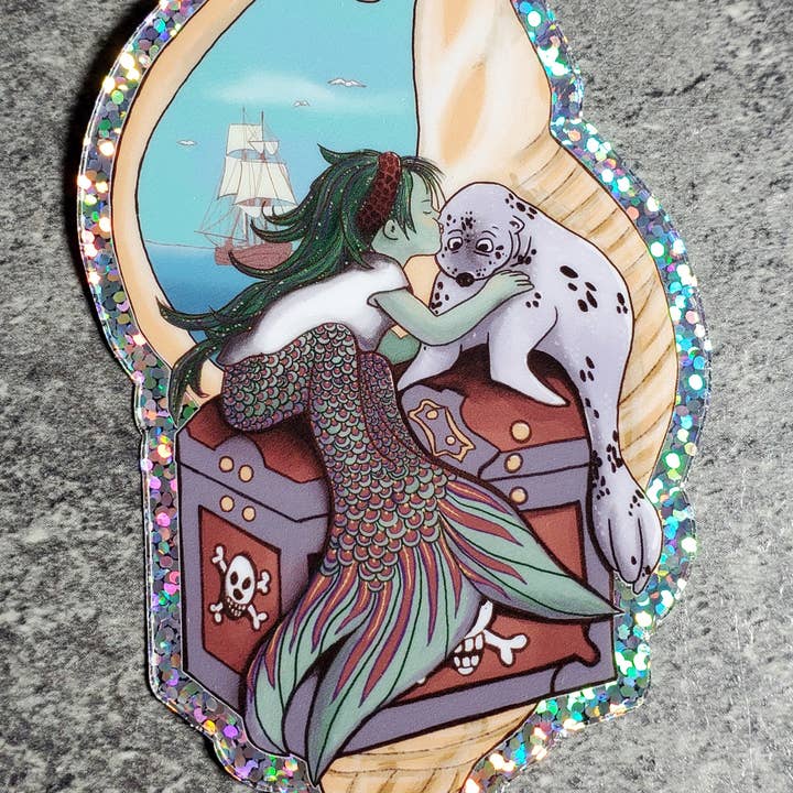 Dragon Art - Wholesale Sticker - Mermaid Wishes and Sealion Kisses glitter Sticker