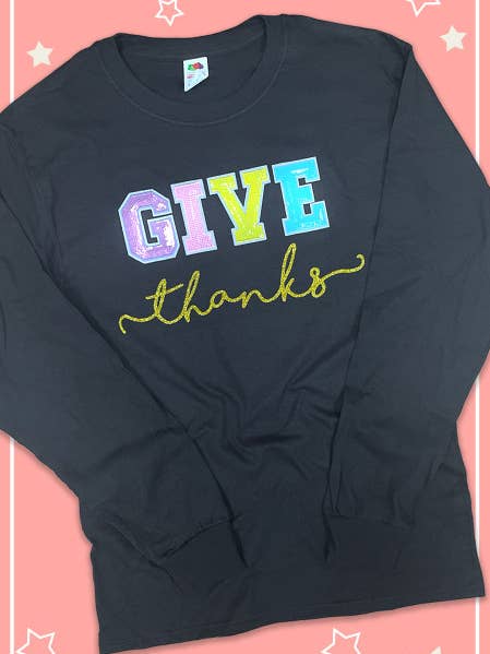 Give Thanks Sequin Graphic Long Sleeve T-Shirt for wholesale by Sugar Stitch