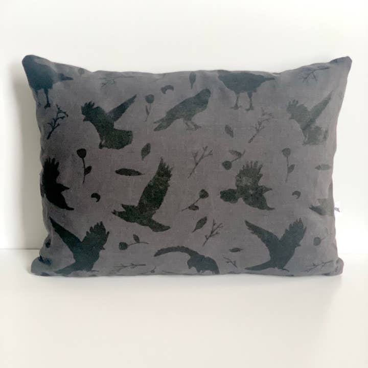 Crows and Flowers Linen Pillow, Accent Pillow for wholesale by Corvidae drawings & designs