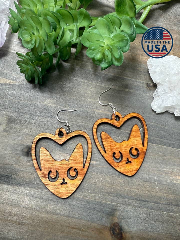Kitty with Heart Wood Earrings for wholesale by From Within
