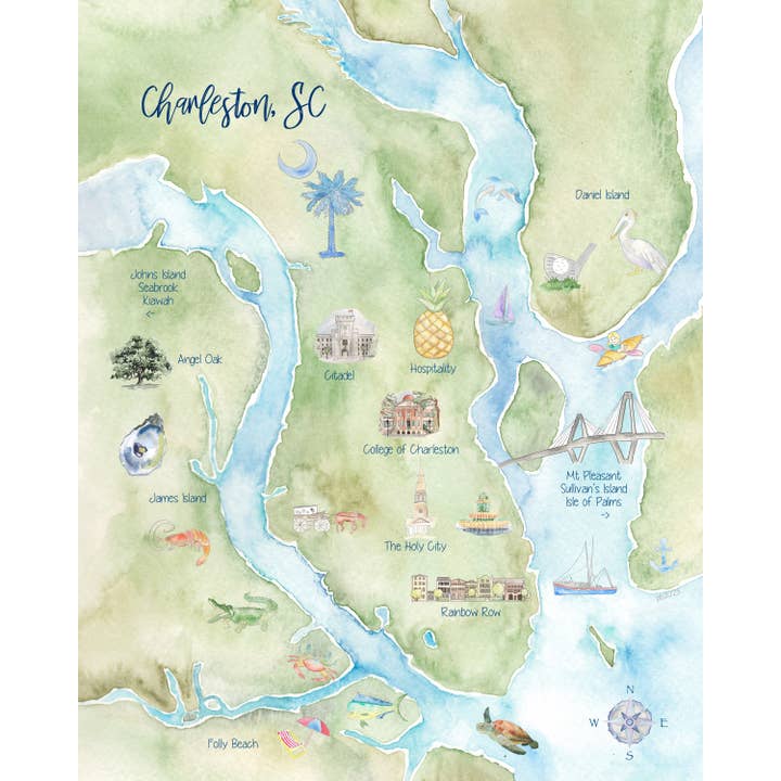 Charleston SC Icons Hand-Painted Watercolor Map - Art Print for wholesale by Molly Joseph Fine Art