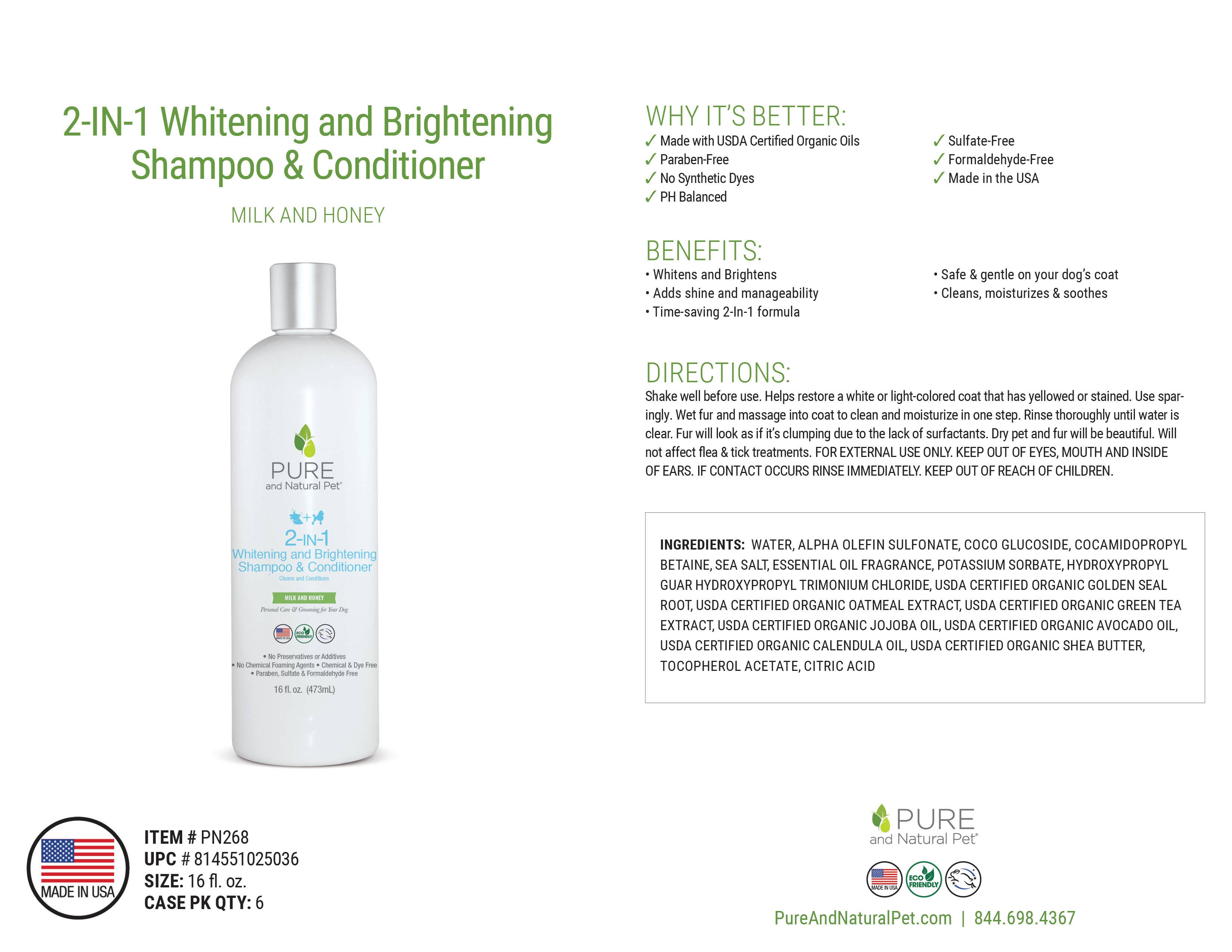 Pure and Natural Pet - Vendita all'ingrosso Shampoo - Cani - Shampoo e balsamo sbiancante e illuminante 2 in 1 - Cani1