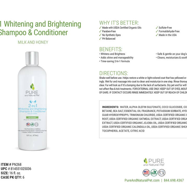 Pure and Natural Pet - Vendita all'ingrosso Shampoo - Cani - Shampoo e balsamo sbiancante e illuminante 2 in 1 - Cani1