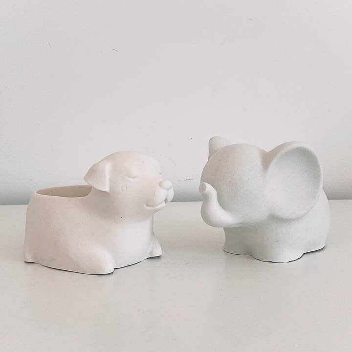 Hand-cast storage/flower pot dog and elephant - jesmonite for wholesale by Sweet-Deco Creative