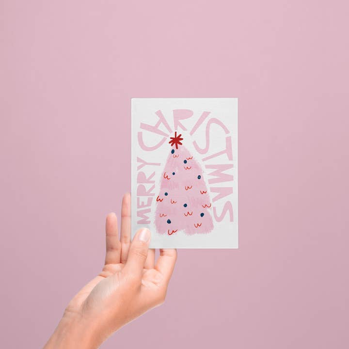 Tarjeta de Navidad Merry Christmas Pink Tree, tarjeta de Navidad para venta al por mayor de Lemon.lemoff
