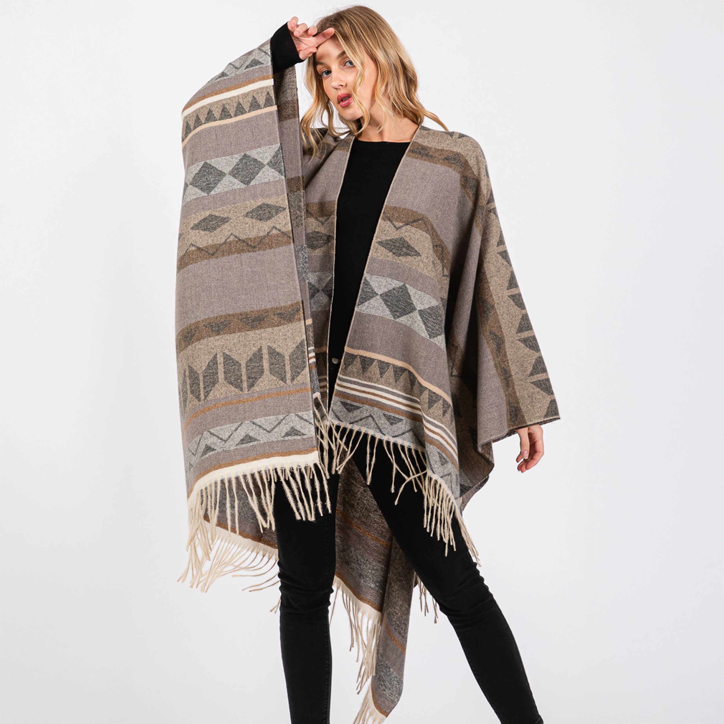 Hana – wholesale Kimono – Women's – Aztec Pattern with Fringe Ruana Winter Kimono14