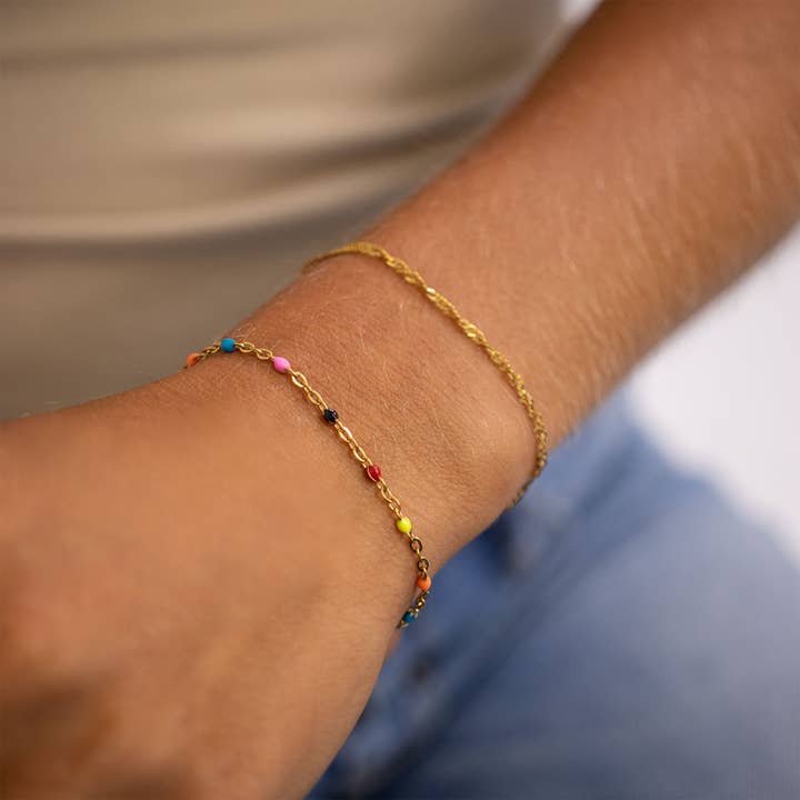 WJW - Wholesale Link & Chain Bracelet - 18K Gold PVD Stainless Steel Muti Color Confetti Bracelet3