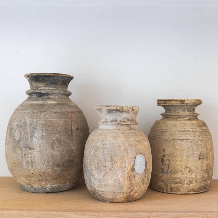 Sandstone & Sage - Wholesale Vase - Antique Neutral Primitive Wooden Vase