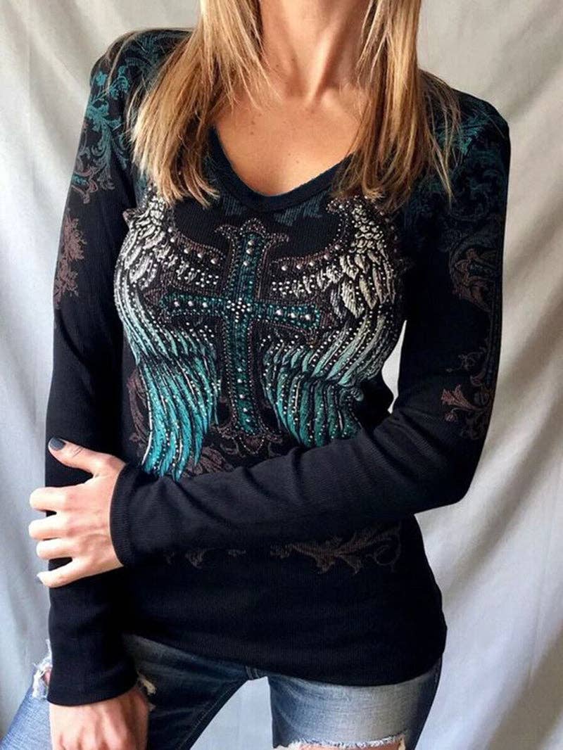 Tourtiwi - Wholesale T-Shirt - Women's - V-neck Cross Wings Print Slim-fit Punk Retro T-shirt2