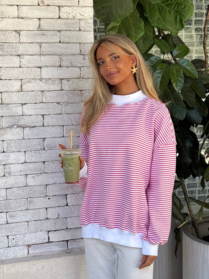 Dark Pink and White Big Striped Mockneck Sweatshirt for wholesale on Faire10