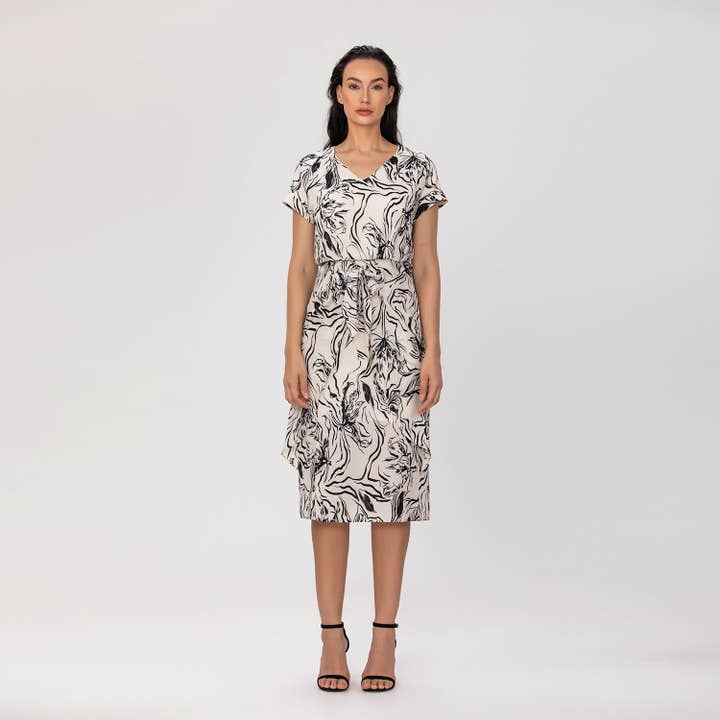 Mid-length dress with foliage print and belted waist for wholesale by Smart and Joy
