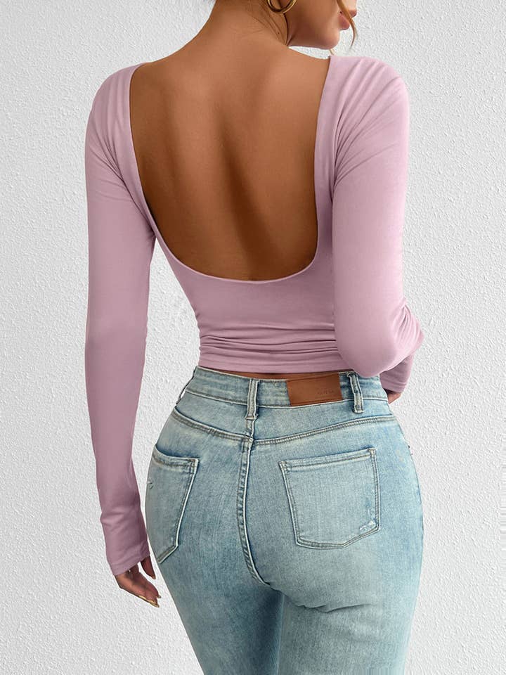 Stylish Y2k Crewneck Backless Long-Sleeved Top for wholesale by Rosa Clothing