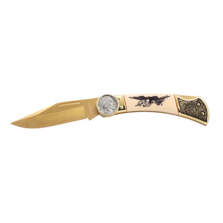 Buffalo Nickel Pocket Knife with Bald Eagle and Flag for wholesale by American Coin Treasures