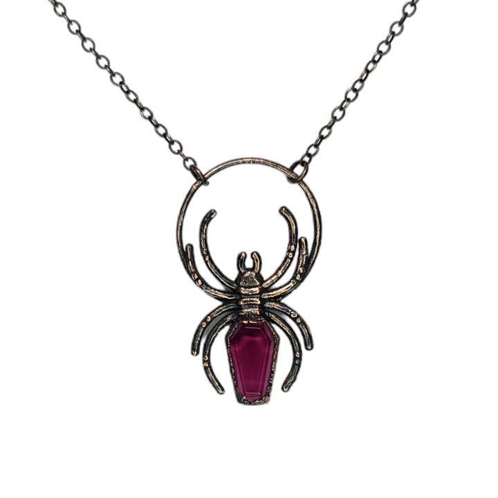 Copper Spider Pendant with Ruby Coffin Body for wholesale by The Wacky Wanderers