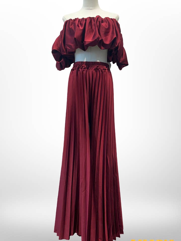 AMARIA - Wholesale Top & Pant Set (NOT Loungewear) - Women's - Satin Ensemble – Bardot Top & Pleated Palazzo Pants 3110817