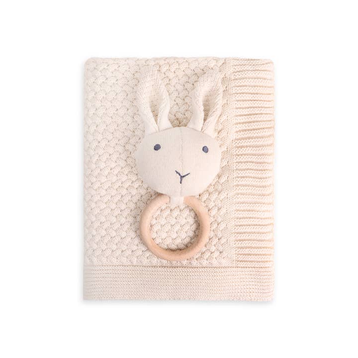 Viverano Organics - Wholesale Bedding Blanket - Kids & Baby - Moss Knit Baby Blanket+Bunny Ring Rattle Gift Set (Organic)