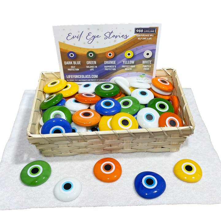 Printed Evil Eye Protection Palm Stone Assortment & Basket for wholesale by Lifeforce Glass, Inc.