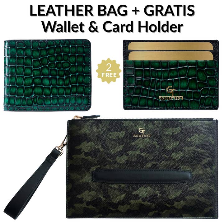 Men's Green Leather HANDBAG + Free Leather WALLET & CARD HOLDER - Gift Set for wholesale by GT collection Jewelry