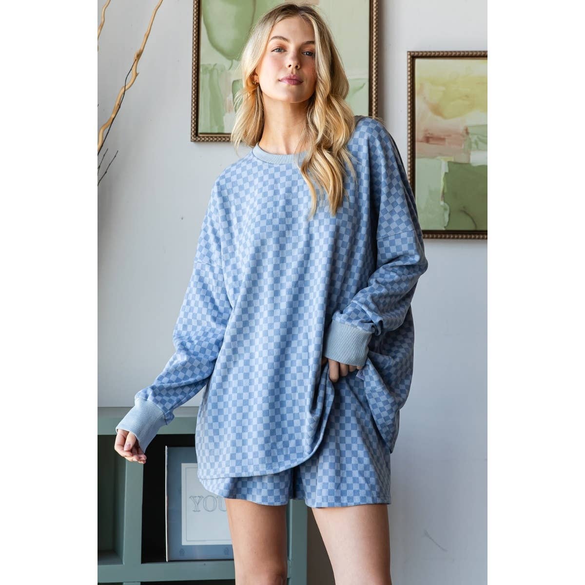 Veveret – Großhandel Loungewear-Set – Damen – Set aus kariertem Jerseytop und Shorts12