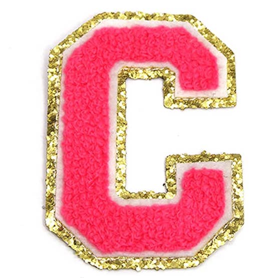 Bright Pink Chenille Iron On Gold Glitter Letter Patches for wholesale on Faire4